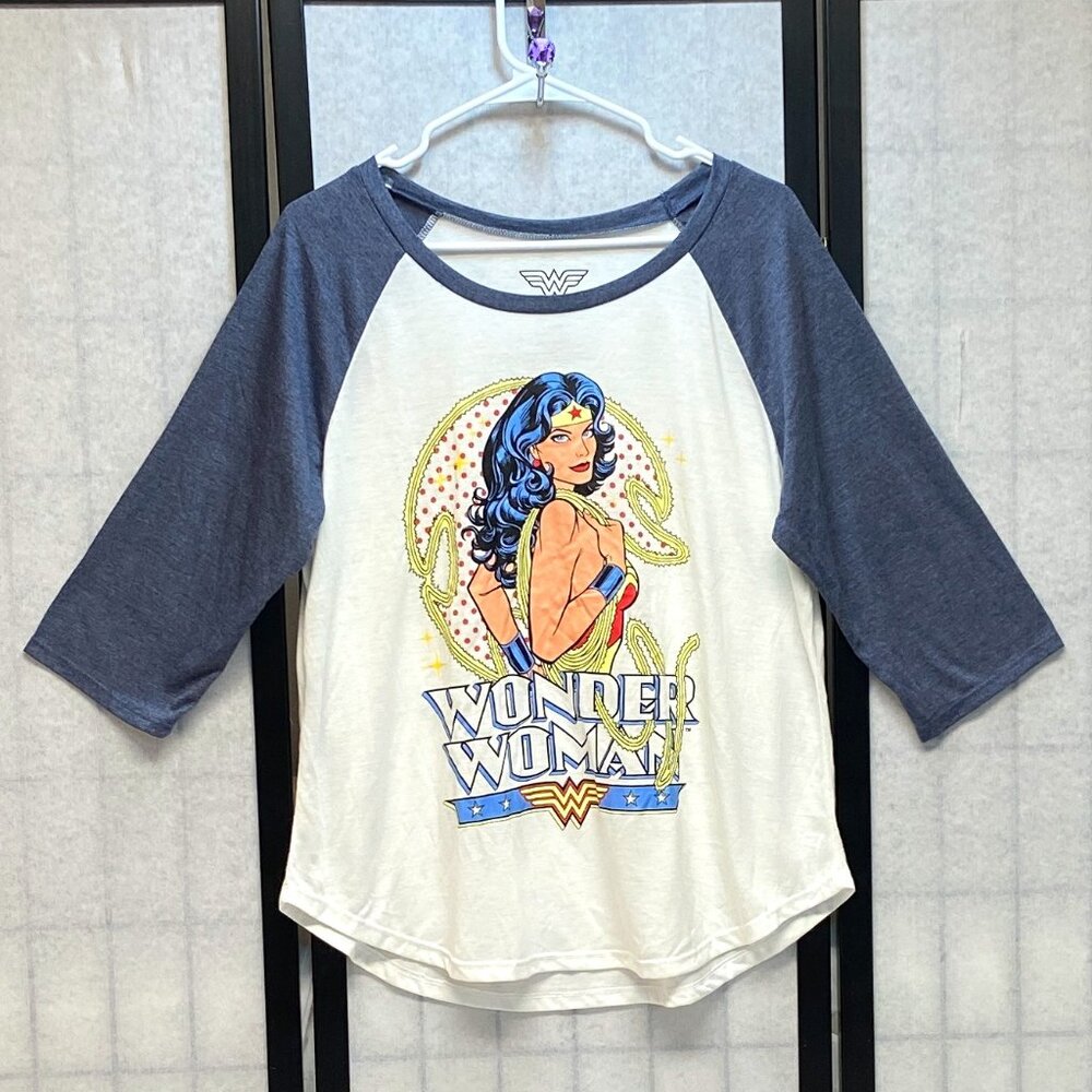 3/4 Sleeve Ringer Tee Graphic Screen Print Wonder Woman WW DC White Blue XXL
